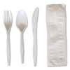 Four-Piece Polypropylene Cutlery Kit, Mediumweight, Fork/Knife/Napkin/Spoon, Plastic, White, 250/Carton