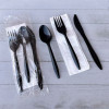Four-Piece Cutlery Kit, Mediumweight, Fork/Knife/Napkin/Spoon, Plastic, 6.38", Black, 250/Carton
