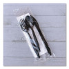 Four-Piece Cutlery Kit, Mediumweight, Fork/Knife/Napkin/Spoon, Plastic, 6.38", Black, 250/Carton