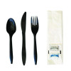 Six-Piece Cutlery Kit, Mediumweight, Fork/Knife/Napkin/Pepper/Salt/Spoon, 5.86", Plastic, Black, 250/Carton