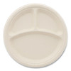 Bagasse Pfas-Free Dinnerware, 3-Compartment Plate, Sugarcane, 10" Dia, Tan, 500/Carton