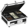 Locking Cash Box, 7 Compartments, Key Lock, 10" x 8.75" x 5", Black/Chrome