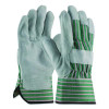 Bronze Series Leather/Fabric Work Gloves, Gunn Cut, Wing Thumb, Medium (Size 8), Gray/Green, 12 Pairs