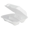 Foam Hinged Lid Container Secure One Tab Latch, 3 Compartments, 7.81 x 8.75 x 3.38, White, 100/Sleeve, 2 Sleeves/Bag