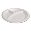 Foam Dinnerware, 3-Compartment Plate, 9" Dia, White, 125/Sleeve, 4 Sleeves/Pack