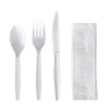 Four-Piece Polystyrene Cutlery Kit, Mediumweight, Fork/Knife/Napkin/Spoon, Plastic, White, 250/Carton