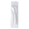 Four-Piece Polystyrene Cutlery Kit, Mediumweight, Fork/Knife/Napkin/Spoon, Plastic, White, 250/Carton