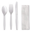 Four-Piece Polystyrene Cutlery Kit, Mediumweight, Fork/Knife/Napkin/Spoon, Plastic, White, 250/Carton
