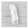 Four-Piece Polystyrene Cutlery Kit, Mediumweight, Fork/Knife/Napkin/Spoon, Plastic, White, 250/Carton