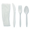 Fieldware Cutlery Kit, Individually Wrapped, Mediumweight, Fork/Knife/Napkin/Spoon, Plastic, White, 250/Carton