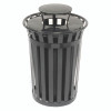 Outdoor Slatted Steel Trash Can, Rain Bonnet Lid, 36 Gal, Black