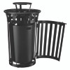 Outdoor Slatted Steel Trash Can, With Access Door And Rain Bonnet Lid, 36 Gal, Black