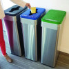 Open Top Trash Can/Recycle Bin/Compost Bin w/Color-Coded Lids Set, 21 Gal, Plastic/Stainless Steel, Silver/Black/Blue/Green