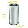 Open Top Trash Can, Round, 16 Gal, Plastic/Stainless Steel, Silver