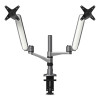 Multi-Directional Dual Monitor Arm, For 30" Monitors, 360 Deg Rotation, 105 Deg Tilt, 360 Deg Pan, Silver/Wh, Supports 20 Lbs