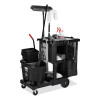 Executive Janitorial Cleaning Cart, Plastic, 4 Shelves, 1 Bin, 21.75" x 46" x 38.38", Black