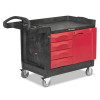 Trademaster Cart With One Door, Plastic, 3 Shelves, 4 Drawers, 750 Lb Capacity, 26.25" x 49" x 38", Black