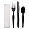 Four-Piece Cutlery Kit, Heavyweight, Fork/Knife/Napkin/Spoon, Plastic, Black, 250/Carton