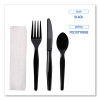 Four-Piece Cutlery Kit, Heavyweight, Fork/Knife/Napkin/Spoon, Plastic, Black, 250/Carton