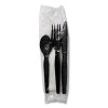 Four-Piece Cutlery Kit, Heavyweight, Fork/Knife/Napkin/Spoon, Plastic, Black, 250/Carton