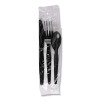 Four-Piece Cutlery Kit, Mediumweight, Fork/Knife/Napkin/Spoon, Plastic, Black, 250/Carton