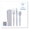 Six-Piece Cutlery Kit, Heavyweight, Fork/Knife/Napkin/Pepper/Salt/Spoon, Plastic, White, 250/Carton