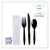 Six-Piece Cutlery Kit, Mediumweight, Fork/Knife/Napkin/Pepper/Salt/Spoon, Plastic, Black, 250/Carton