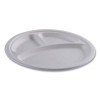 Vanguard Renewable And Compostable Sugarcane Plates, 3-Compartment Plate, 10" Dia, White, 500/Carton