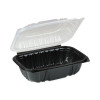Earthchoice Vented Dual Color Microwavable Hinged Lid Container, 34 Oz, 9 x 6 x 3.1, Black/Clear, Plastic, 140/Carton