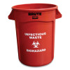 Vented Round Brute Container, "Infectious Waste: Biohazard" Imprint, 32 Gal, Plastic, Red