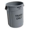 Vented Round Brute Container, "Trash Only" Imprint, 32 Gal, Plastic, Gray