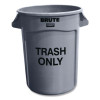 Vented Round Brute Container, "Trash Only" Imprint, 32 Gal, Plastic, Gray