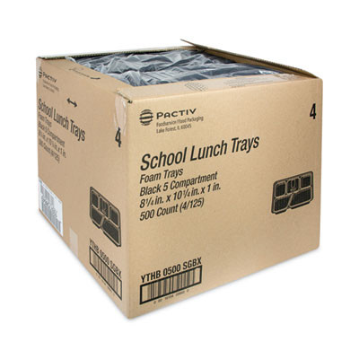 Foam School Trays, 5-Compartment Tray, 8.25 x 10.25 x 1, Black, 500/Carton