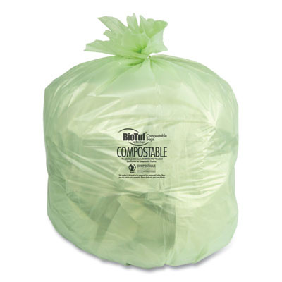 Biotuf Compostable Can Liners, 30 Gal, 1 Mil, 28" x 45", Green, 25 Bags/Roll, 5 Rolls/Carton