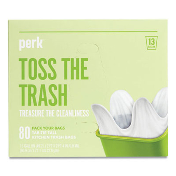 Tab-Tie Tall Kitchen Trash Bags, Tie-Flap, 13 Gal, 28" x 24", White, 80/Box