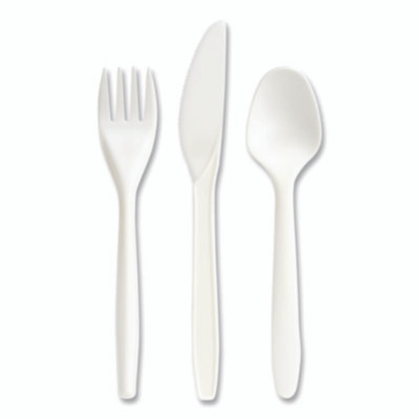 Eco-Id Mediumweight Compostable Cutlery, Fork/Knife/Spoon, Plastic, White, 120/Pack