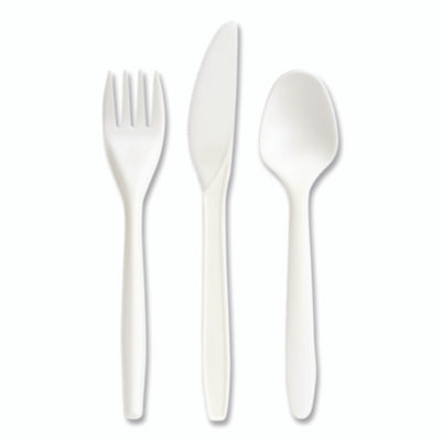Eco-Id Mediumweight Compostable Cutlery, Fork/Knife/Spoon, Plastic, White, 120/Pack