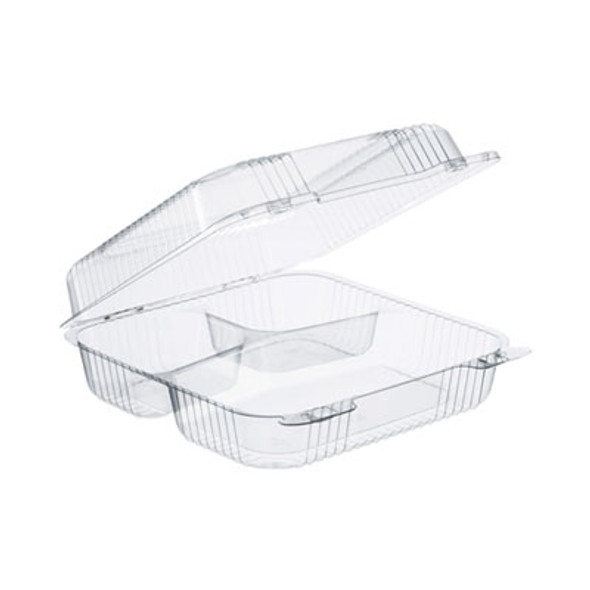 Staylock Clear Hinged Lid Containers, 3 Compartments, 8.6 x 9 x 3, Clear, Plastic, 100/Packs, 2 Packs/Carton