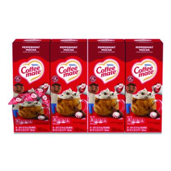 Liquid Coffee Creamer, Peppermint Mocha, 0.38 Oz Mini Cups, 50/Box, 4 Boxes/Carton