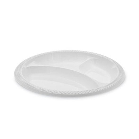 Meadoware Impact Plastic Dinnerware, 3-Compartment Plate, 10.25" Dia, White, 500/Carton