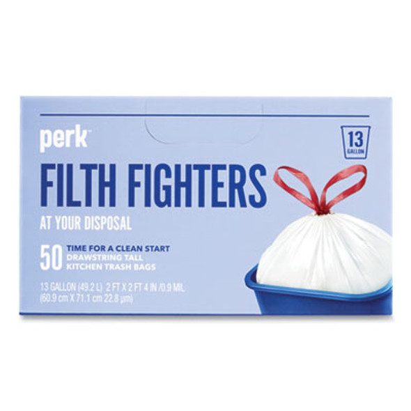 Drawstring Tall Kitchen Trash Bags, 13 Gal, 28" x 24", White, 50/Box