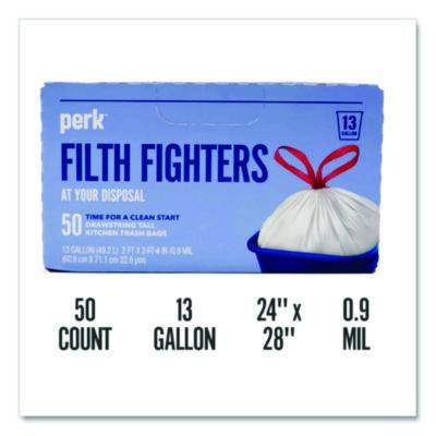 Drawstring Tall Kitchen Trash Bags, 13 Gal, 28" x 24", White, 50/Box