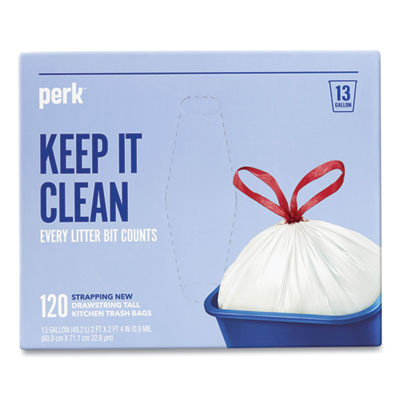 Drawstring Tall Kitchen Trash Bags, 13 Gal, 28" x 24", White, 120/Box