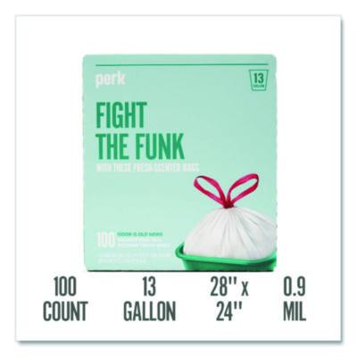 Scented Drawstring Tall Kitchen Trash Bags, 13 Gal, Fresh Scent, 28" x 24", White, 100/Box