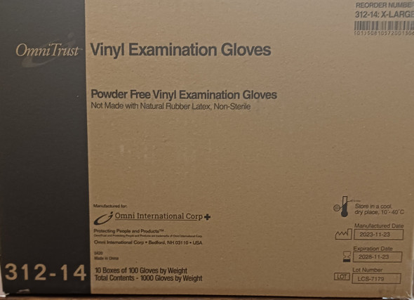 OmniTrust 312-14 Series Vinyl Powder Free Examination Glove, XL, Case of 1,000 Gloves
