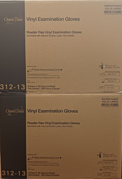 OmniTrust 312-13 Series Vinyl Powder Free Examination Glove, Large, 2 Boxes/100 Gloves