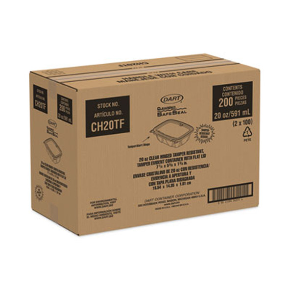 Clearpac Safeseal Tamper-Resistant, Tamper-Evident Containers, Tall, Flat Lid, 20 Oz, Clear, Plastic, 200/Carton
