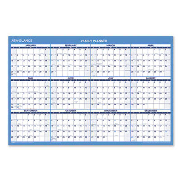 Horizontal Reversible/Erasable Wall Planner, 36 x 24, White/Blue Sheets, 12-Month (Jan To Dec): 2026