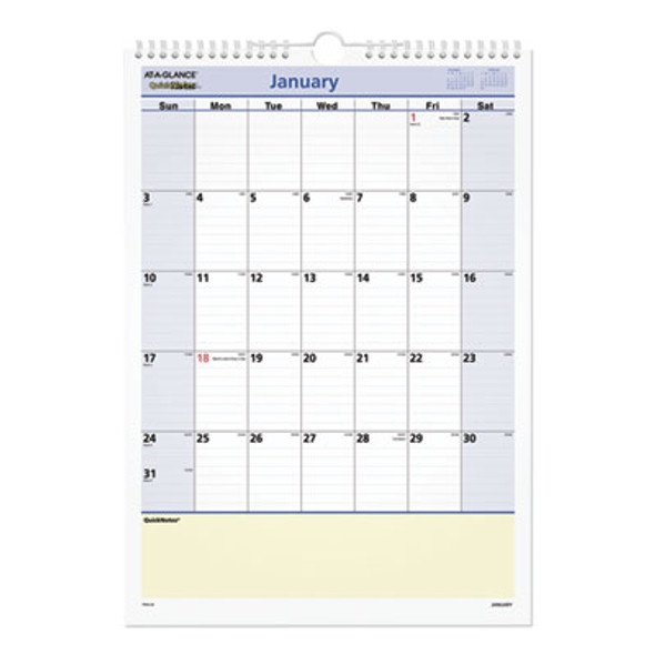 Quicknotes Wall Calendar, 12 x 17, White/Blue/Yellow Sheets, 12-Month (Jan To Dec): 2026