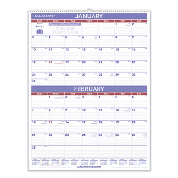 Two-Month Wall Calendar, 22 x 29, White/Blue/Red Sheets, 12-Month (Jan To Dec): 2026